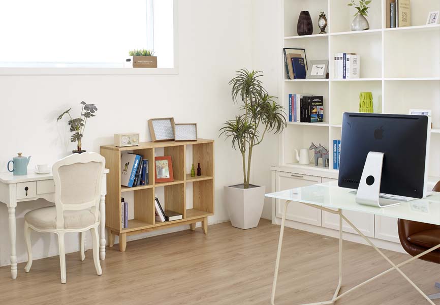 Basement office with light flooring and built in shelving