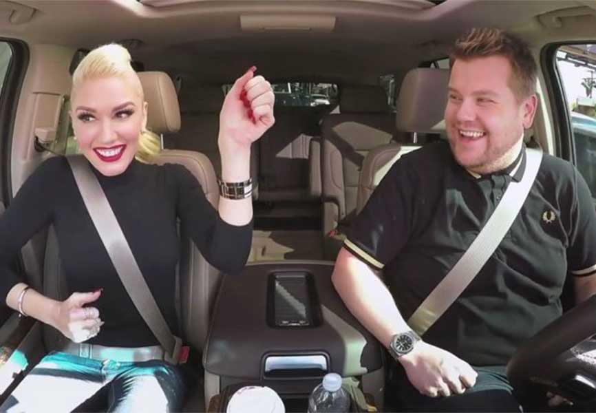 James Corden and Gwen Stefani in a car