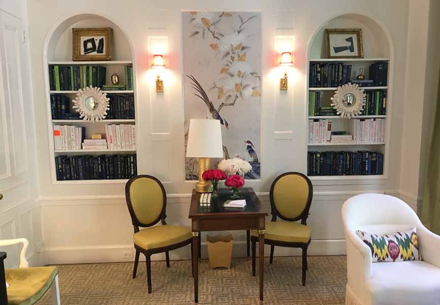 pretty living room with styled, inset bookshelves