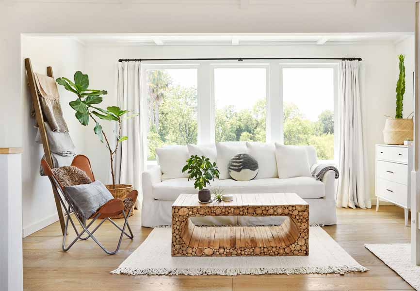 white cottage living room with big bright windows