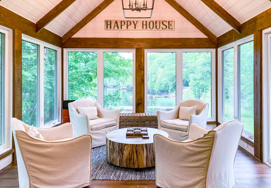 cottage porch with linen chairs and 