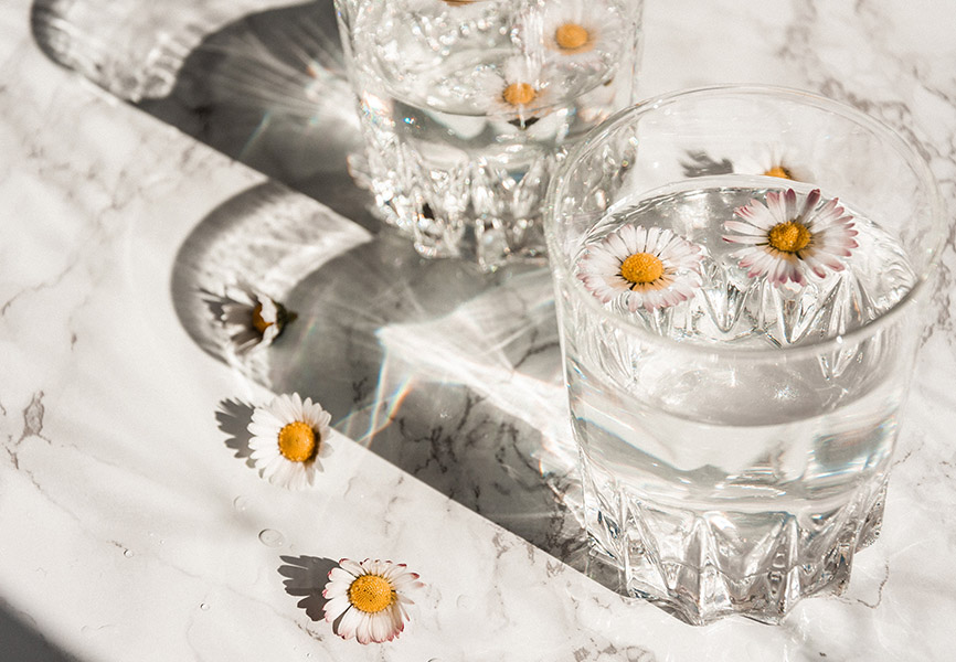 Glass of water with flowers floating in it