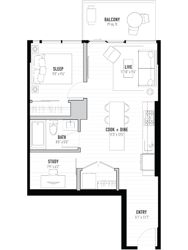 The Gladstone One Bedroom Plus Den Floorplan