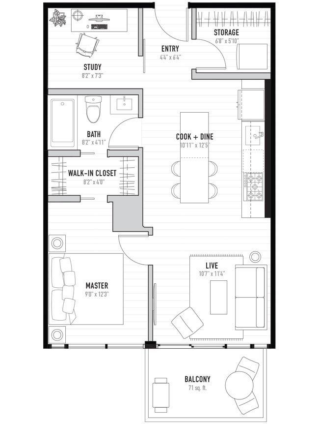 The Kensington One Bedroom Plus Den Floorplan