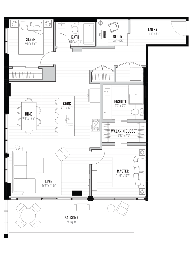 The Plaza Two Bedroom Plus Den Floorplan