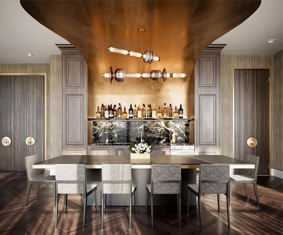 Bookable private kitchen bar and dining room area at 123 Portland. New condos for sale near King West, Toronto. Minto Communities.