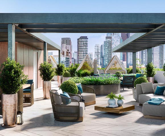 Rooftop lounge area at 123 Portland. New condos for sale near King West, Toronto. Minto Communities.