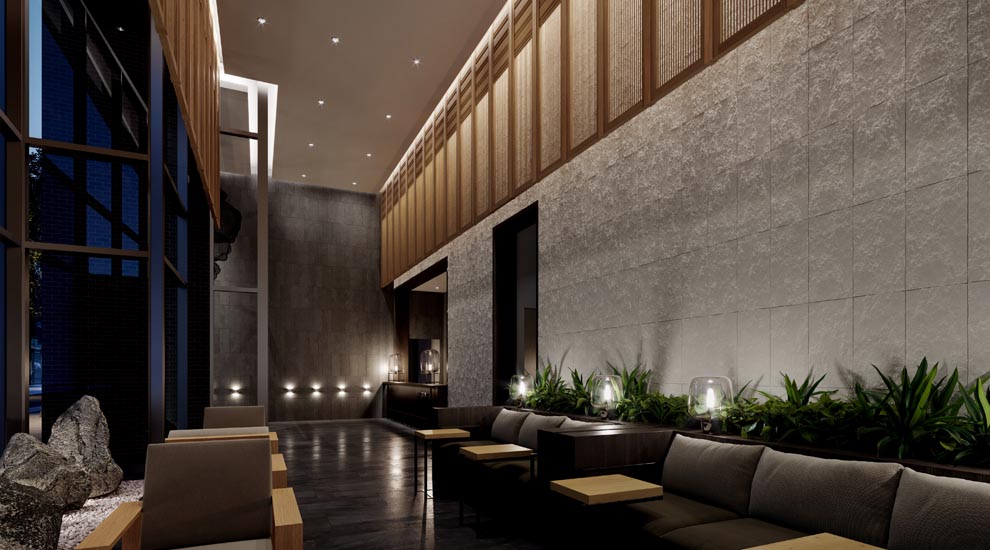 View of The Saint lobby, Minto Communities. Amenities for the new condos for sale at Church & Adelaide, Toronto.