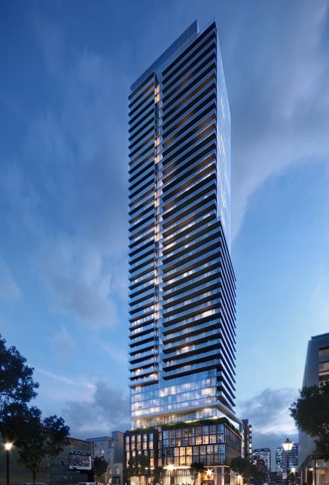 Exterior building rendering of The Saint. Condo for sale in downtown Toronto by Minto Communities.