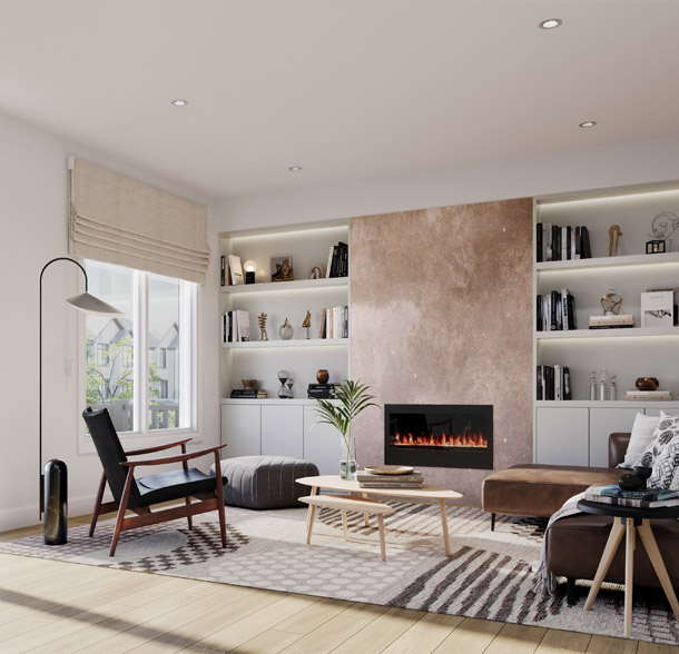 Bright living room with fireplace of a new home in Oshawa. The Heights of Harmony by Minto Communities.