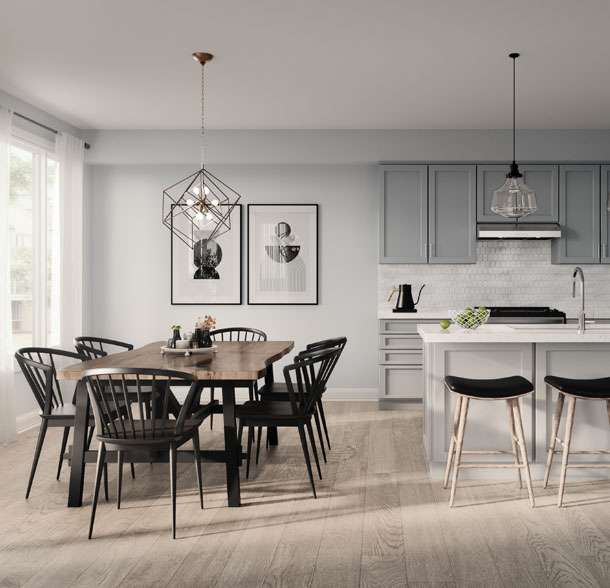 Kitchen & living room interior of a new home in Oshawa. The Heights of Harmony by Minto Communities.