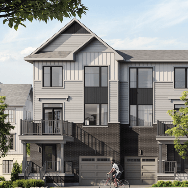 A urban townhome exterior at The Heights of Harmony in Oshawa. The Heights of Harmony Phase 2B by Minto.
