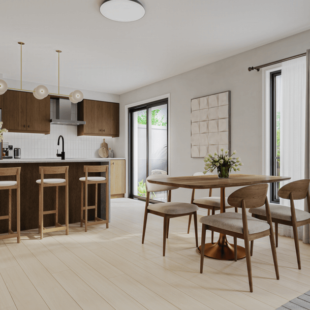 Kitchen & living room interior of a new townhome in Oshawa. The Heights of Harmony by Minto.