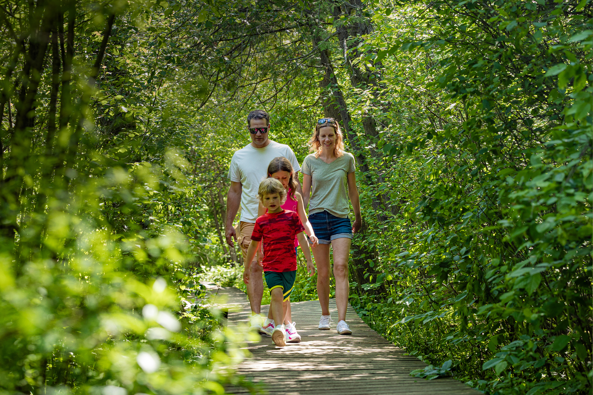 Family walking in woods