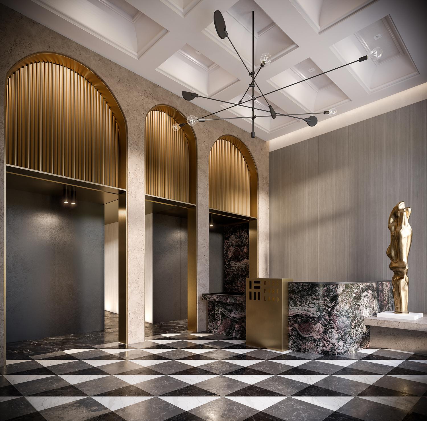 Luxurious front lobby at 123 Portland. Condos for sale in Toronto by Minto Communities.