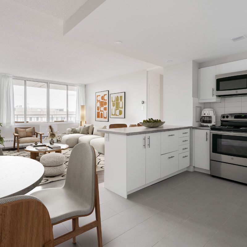 Kitchen and living area at Rockhill Apartments