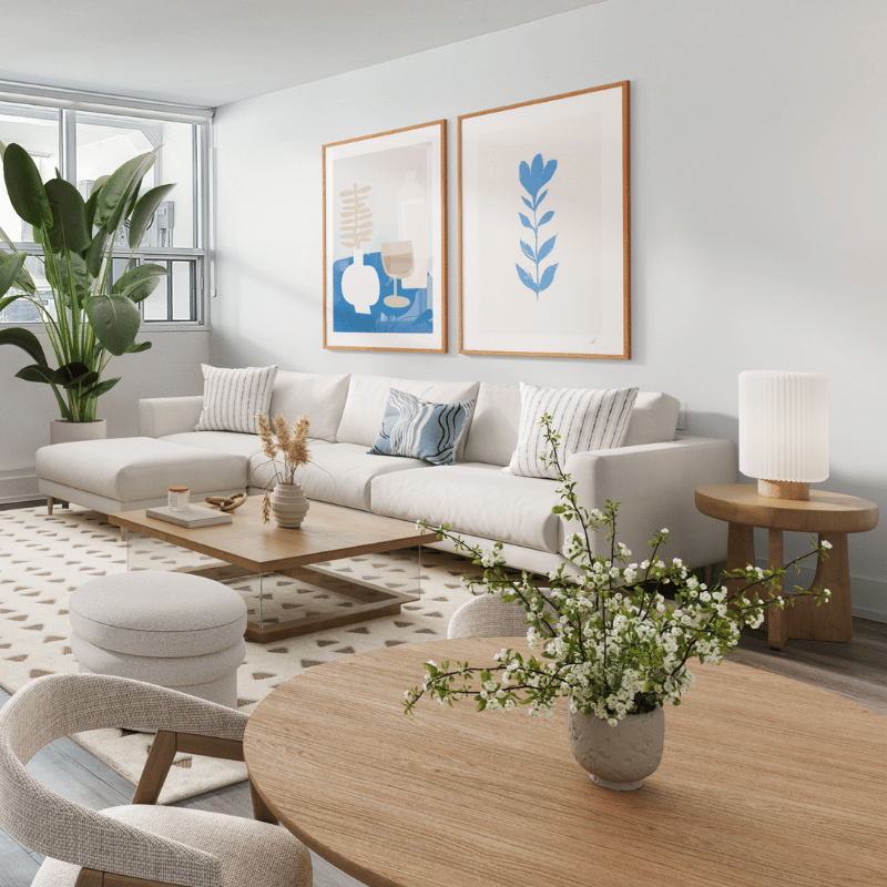 Rendering of a staged dining and living room at Elora.