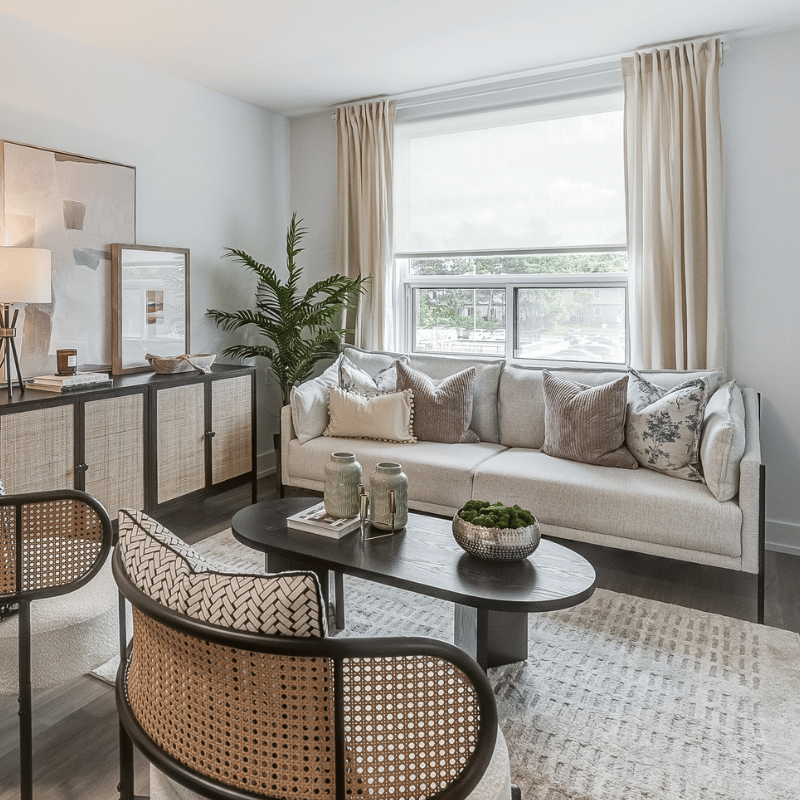 Staged living room at Elora.
